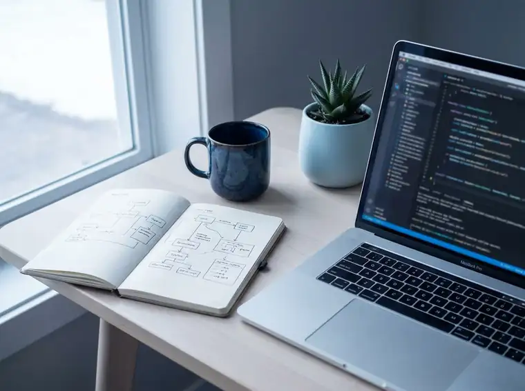 A laptop showing code beside a notebook of hand-drawn system diagrams
