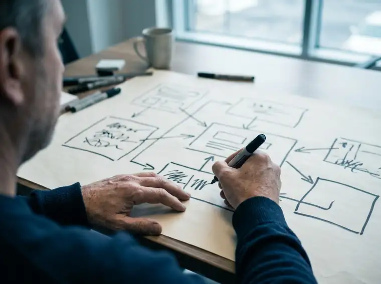 Working through an architecture diagram in marker on a large sheet of paper